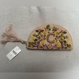 Anthropologie Beige Floral Embellished Clutch letter “C”